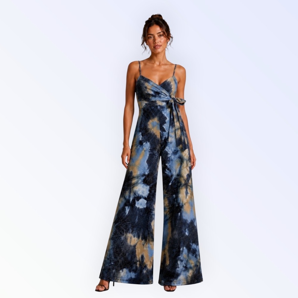 Metallic Galaxy Marble Print Wide‑Leg Jumpsuit S Wrap Empire Waist Y2K Boho USA